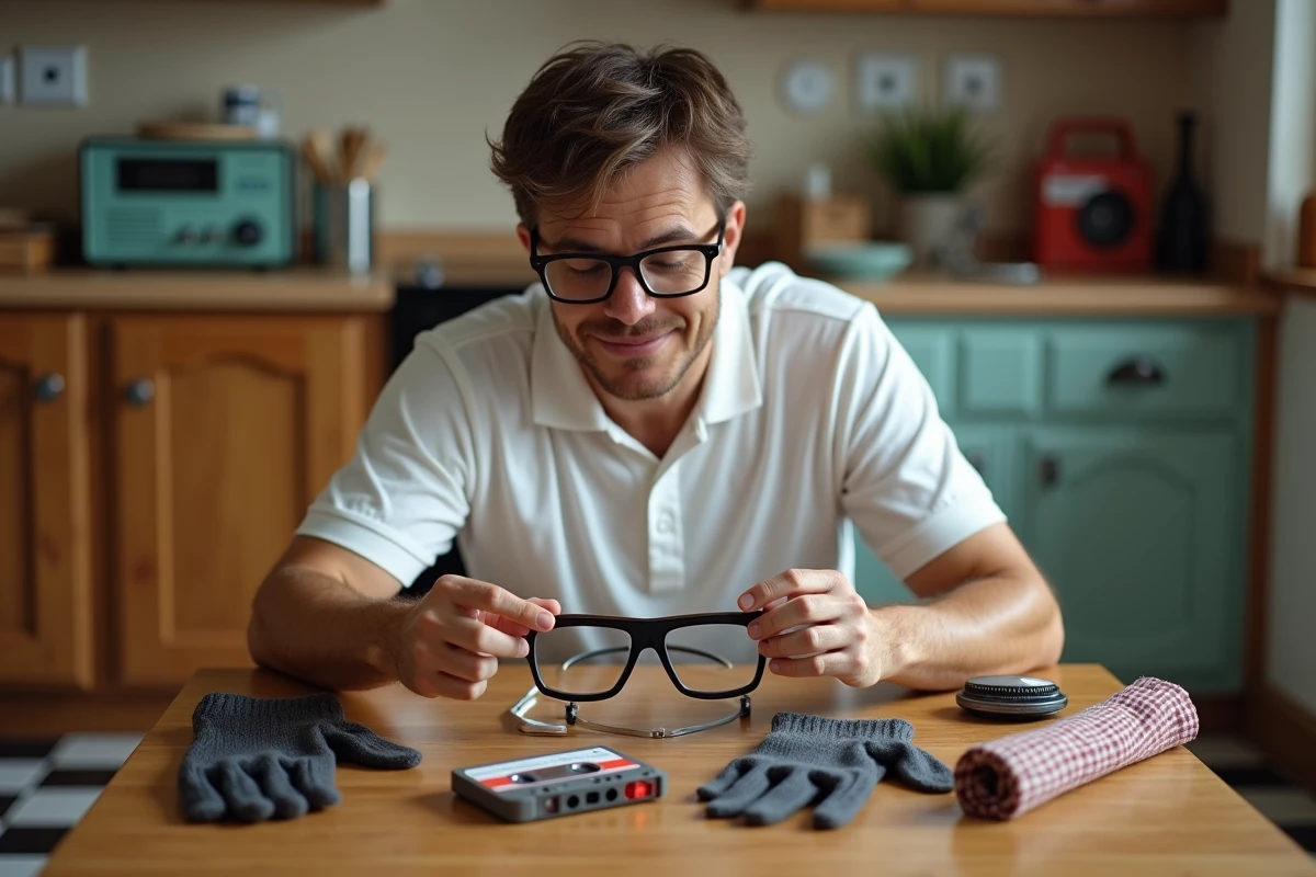Accessoires déguisement années 80 homme petit budget étalés sur une table avec lunettes oversize et sweatband