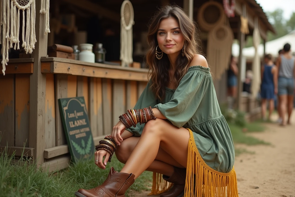 Femme en robe bohème franges verte et moutarde avec boots brodées et bracelets en cuir dans un marché de festival
