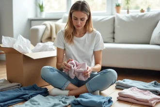 Femme examinant des vêtements d'occasion reçus d'un colis Sellpy, assis sur un parquet en bois entouré de pièces triées