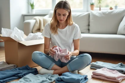 Femme examinant des vêtements d'occasion reçus d'un colis Sellpy, assis sur un parquet en bois entouré de pièces triées