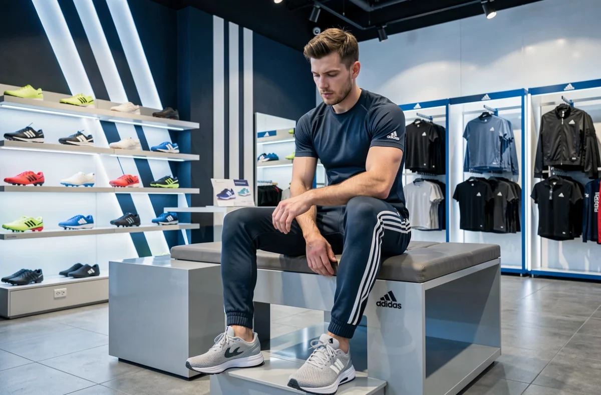 Jeune homme essayant des chaussures de running dans l'Adidas Performance Store à Marseille
