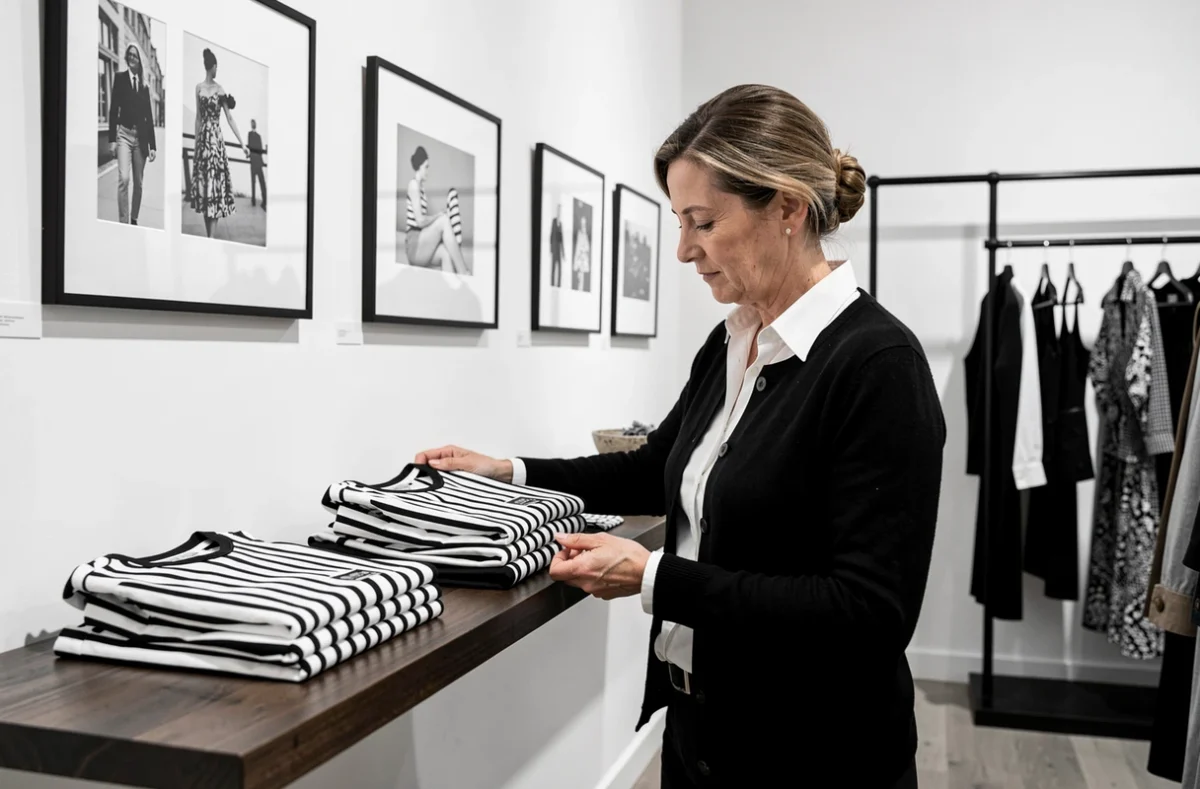 Intérieur minimaliste de la boutique Agnès b. à Toulouse avec une femme élégante examinant une collection intemporelle