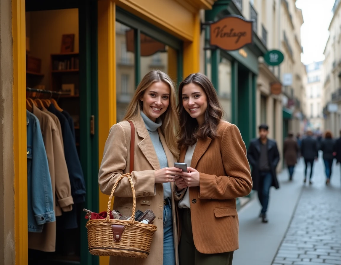 Deux amies essayant des vêtements devant une friperie dans une rue pavée de Paris
