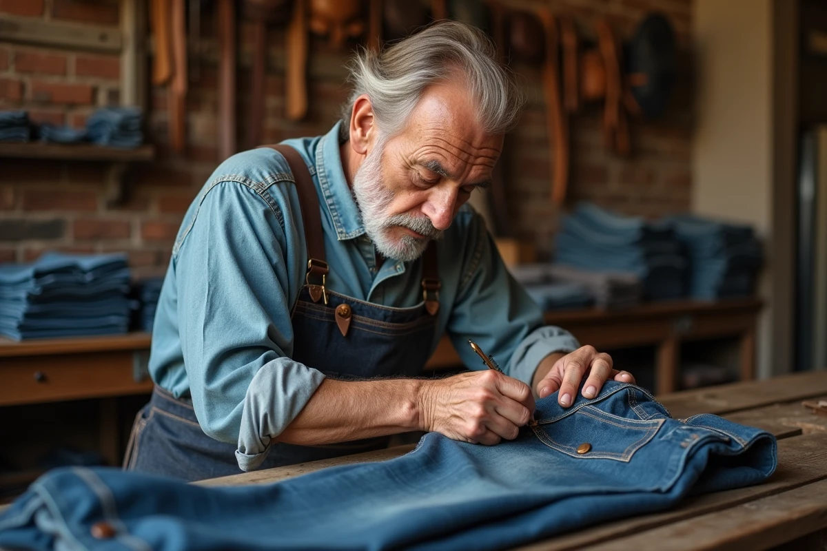 Artisan âgé cousant des rivets en cuivre sur un jean indigo dans un atelier américain vintage, murs en briques et outils en cuir en arrière-plan