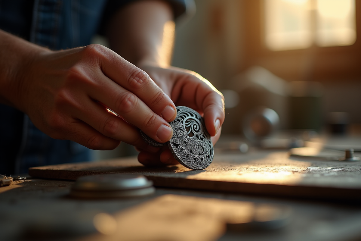 Artisan polissant un pendentif en acier inoxydable dans un atelier lumineux