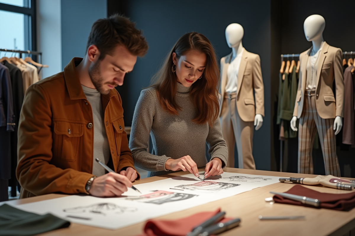 Designers examinent des pantalons larges en atelier