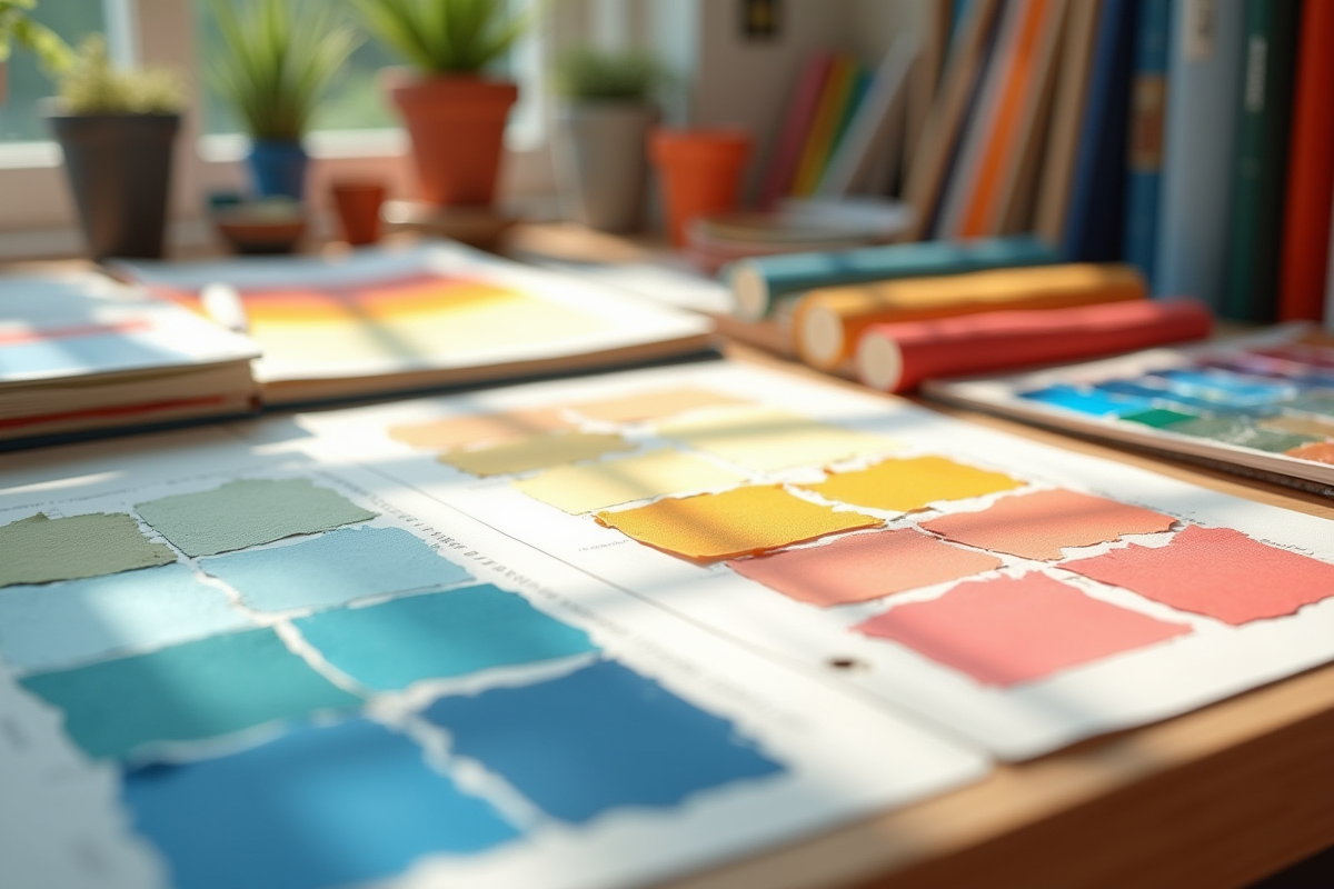 Espace de travail avec échantillons de couleurs tendance printemps 2025