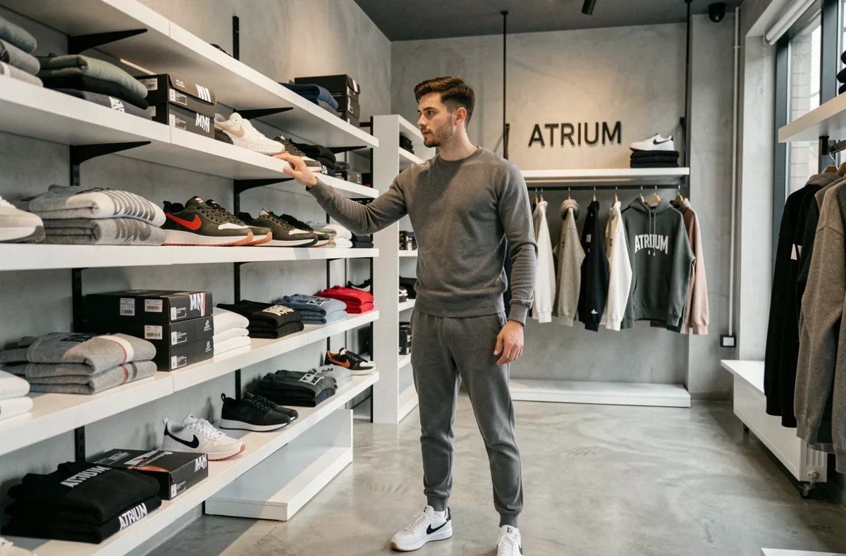 Jeune homme inspectant des sneakers premium dans la boutique Atrium, un concept store streetwear moderne à Marseille