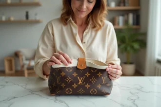 Femme authentifiant un sac Louis Vuitton vintage en examinant le numéro de série sur l'étiquette intérieure en cuir