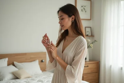 Femme évaluant la qualité du tissu d'une robe Halara dans sa chambre, avis détaillé sur la matière