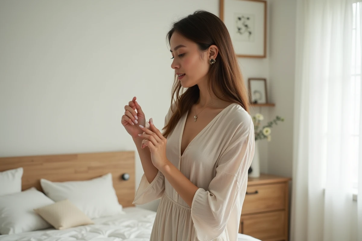 Femme évaluant la qualité du tissu d'une robe Halara dans sa chambre, avis détaillé sur la matière