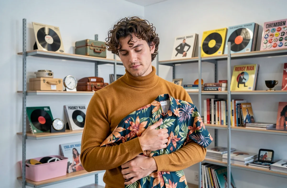Intérieur du concept store Be Bop Vintage à Lille, avec un client tenant une chemise hawaïenne vintage dans un espace moderne et épuré