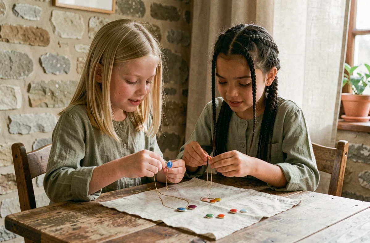 Deux fillettes comparant des bijoux pour enfants en émail et dorés sur une table en bois dans une maison de campagne française