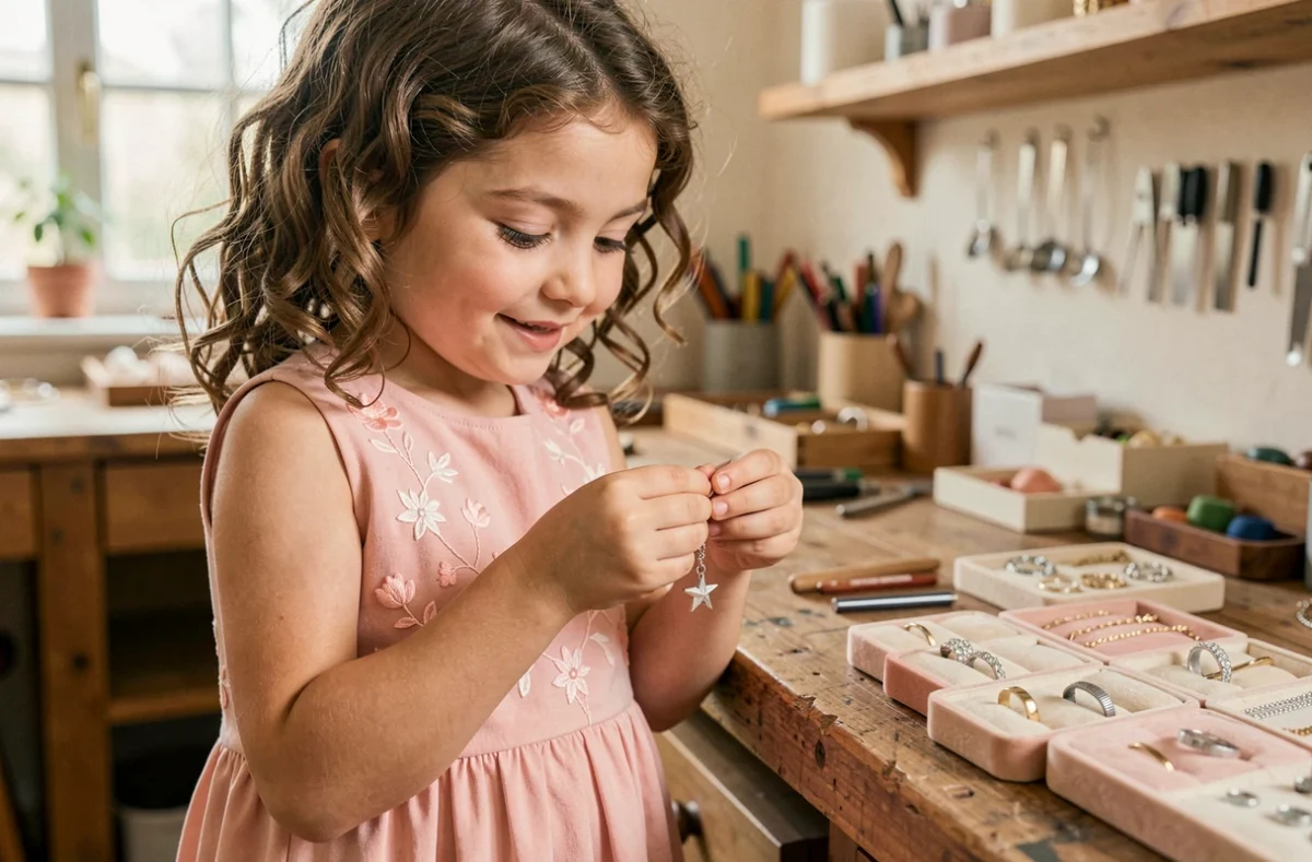 Jeune fille tenant un bracelet en argent artisanal dans un atelier de bijoux pour enfants made in France