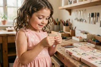 Jeune fille tenant un bracelet en argent artisanal dans un atelier de bijoux pour enfants made in France