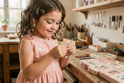 Jeune fille tenant un bracelet en argent artisanal dans un atelier de bijoux pour enfants made in France