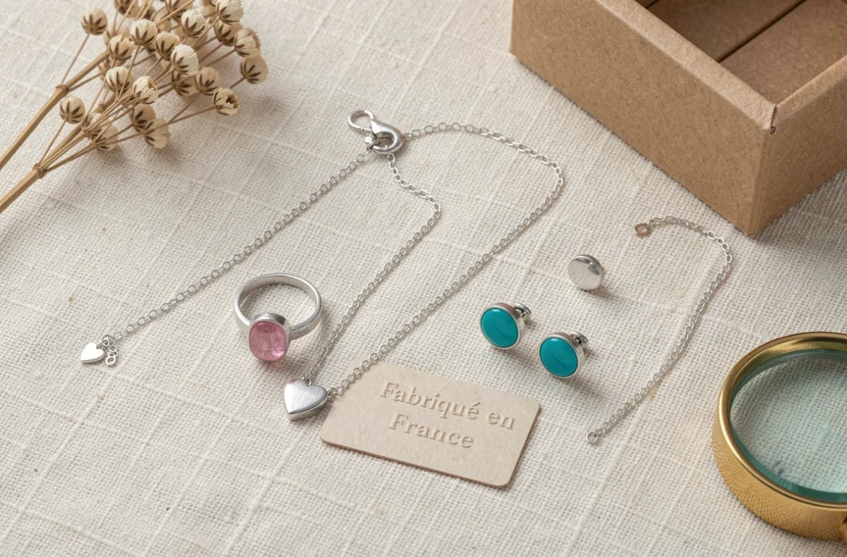 Flat lay de bijoux pour enfants made in France en argent sterling et émail sur tissu lin crème avec carte artisanale