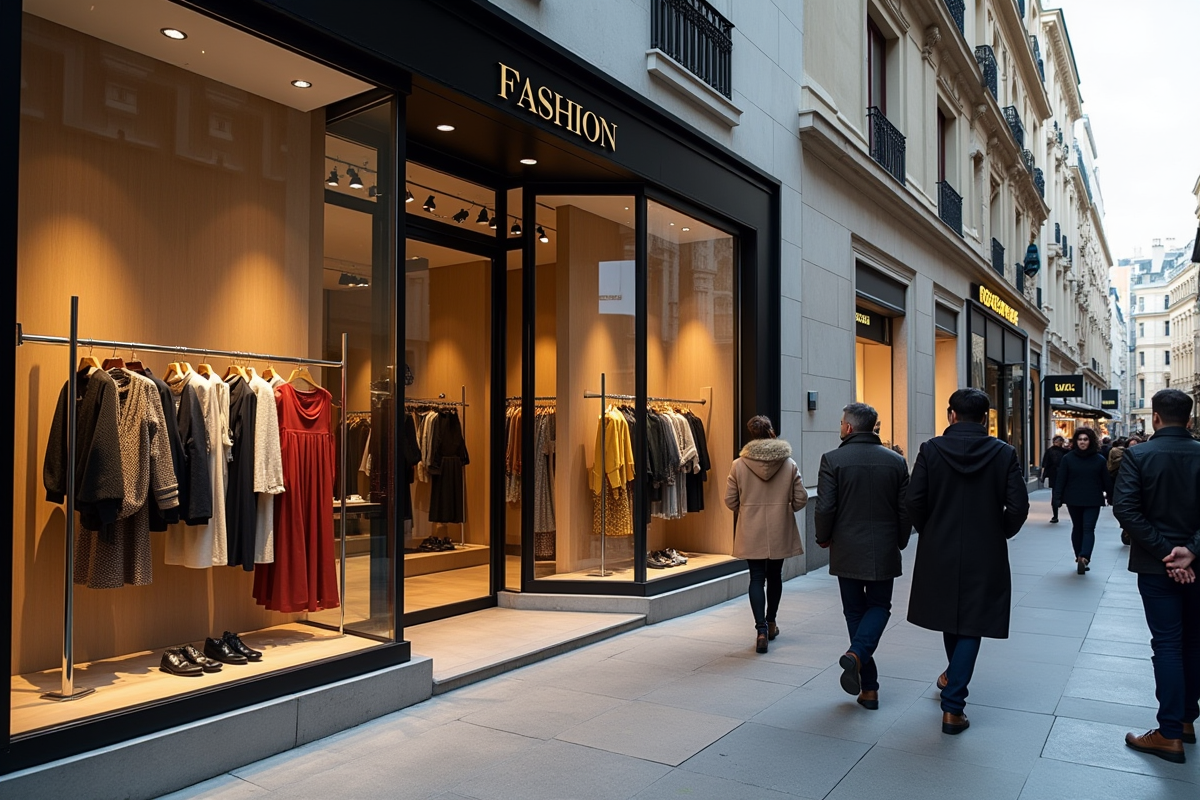 Vitrine d'une boutique de luxe sur une avenue animée