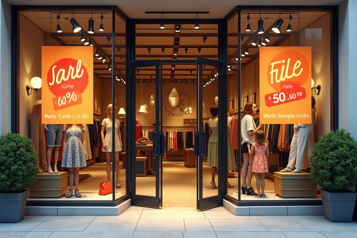 Entrée de boutique élégante avec affiches de soldes d