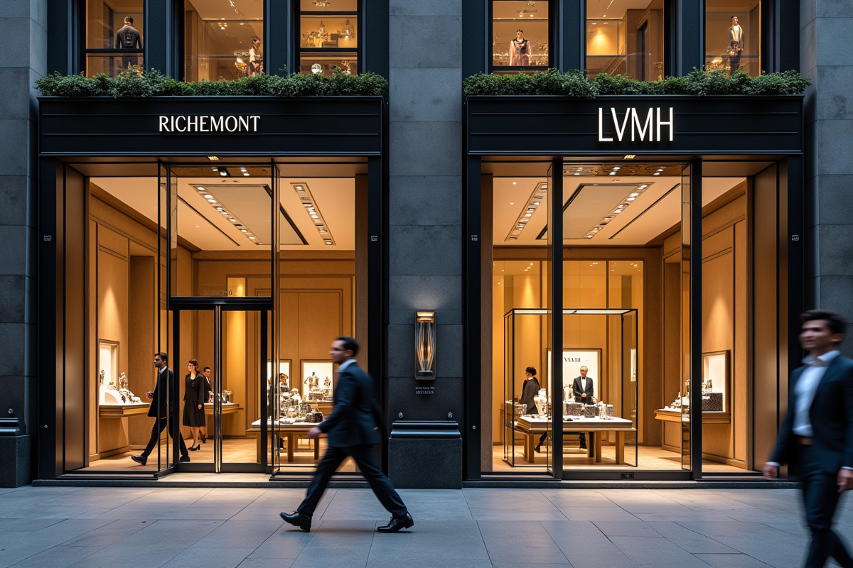 Vitrines de boutiques de luxe sur une avenue chic avec Richemont et LVMH