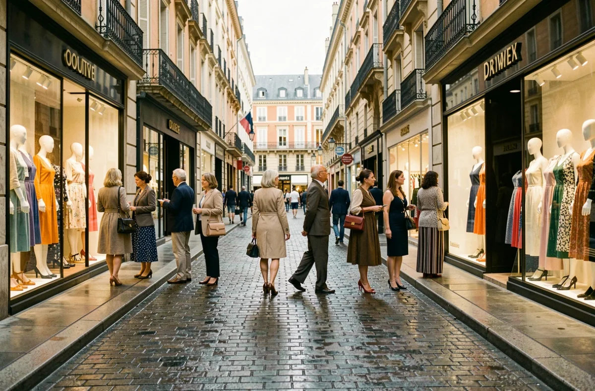 Rue commerçante animée à Toulouse avec des femmes élégantes devant des vitrines de boutiques de prêt-à-porter féminin
