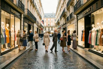 Rue commerçante animée à Toulouse avec des femmes élégantes devant des vitrines de boutiques de prêt-à-porter féminin