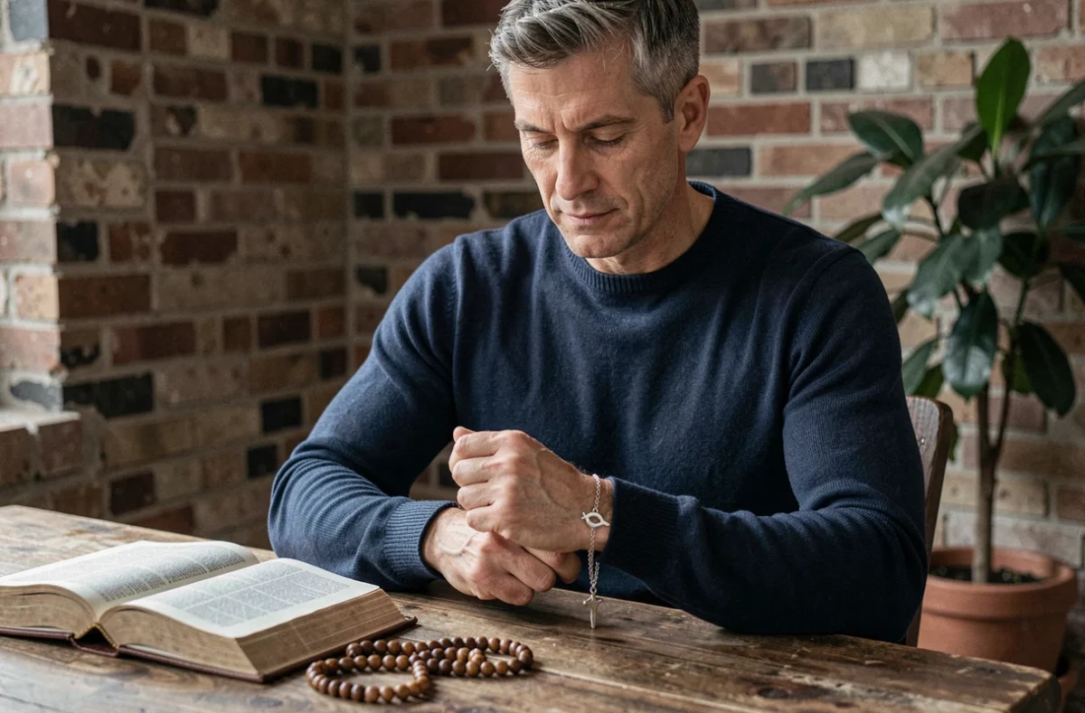 Homme attachant un bracelet chrétien ichthys en argent, étape symbolique de retour à la foi