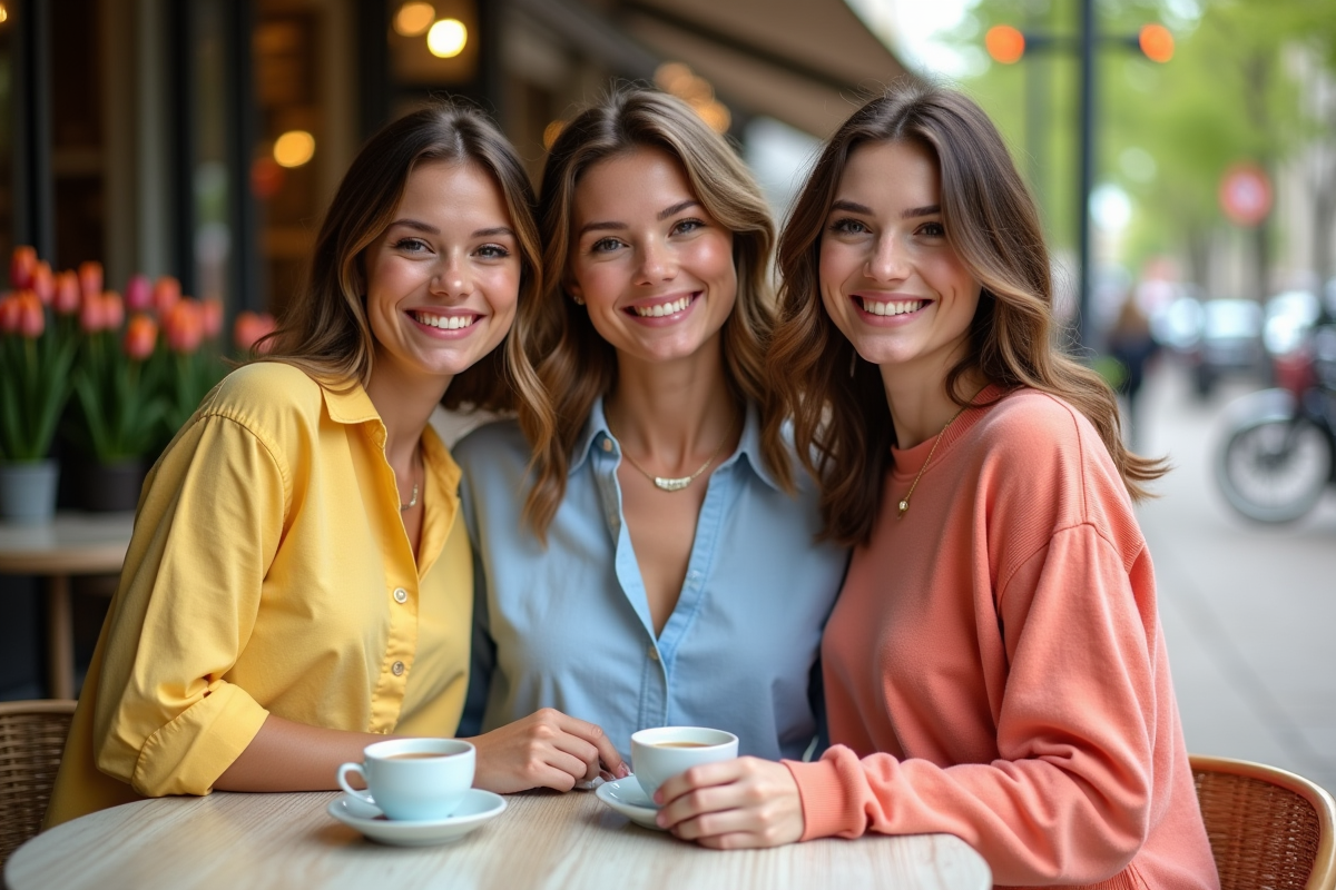 Trois jeunes adultes en tenue tendance au cafe en plein air