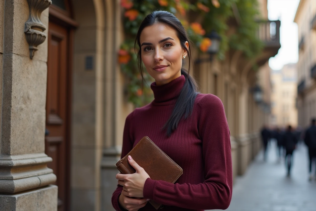 Femme tenant un journal en cuir devant un bâtiment historique en pierre, évoquant les origines culturelles et l'identité