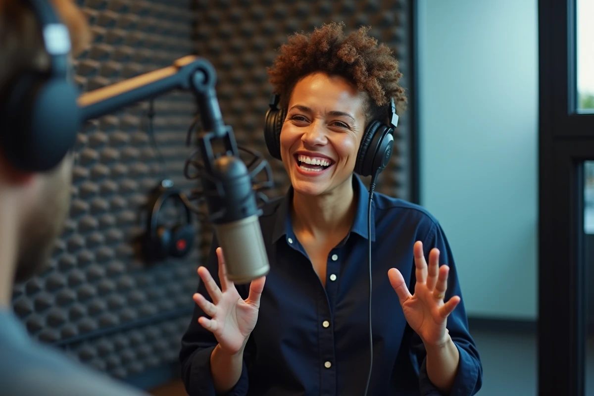 Femme parlant avec expressivité dans un studio d'enregistrement moderne, illustrant l'importance de l'accent et de la prise de parole