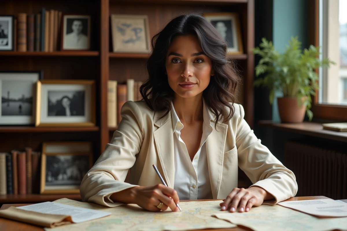 Femme d'origine multiculturelle étudiant des cartes géographiques et des lettres anciennes dans un bureau décoré de photographies de famille