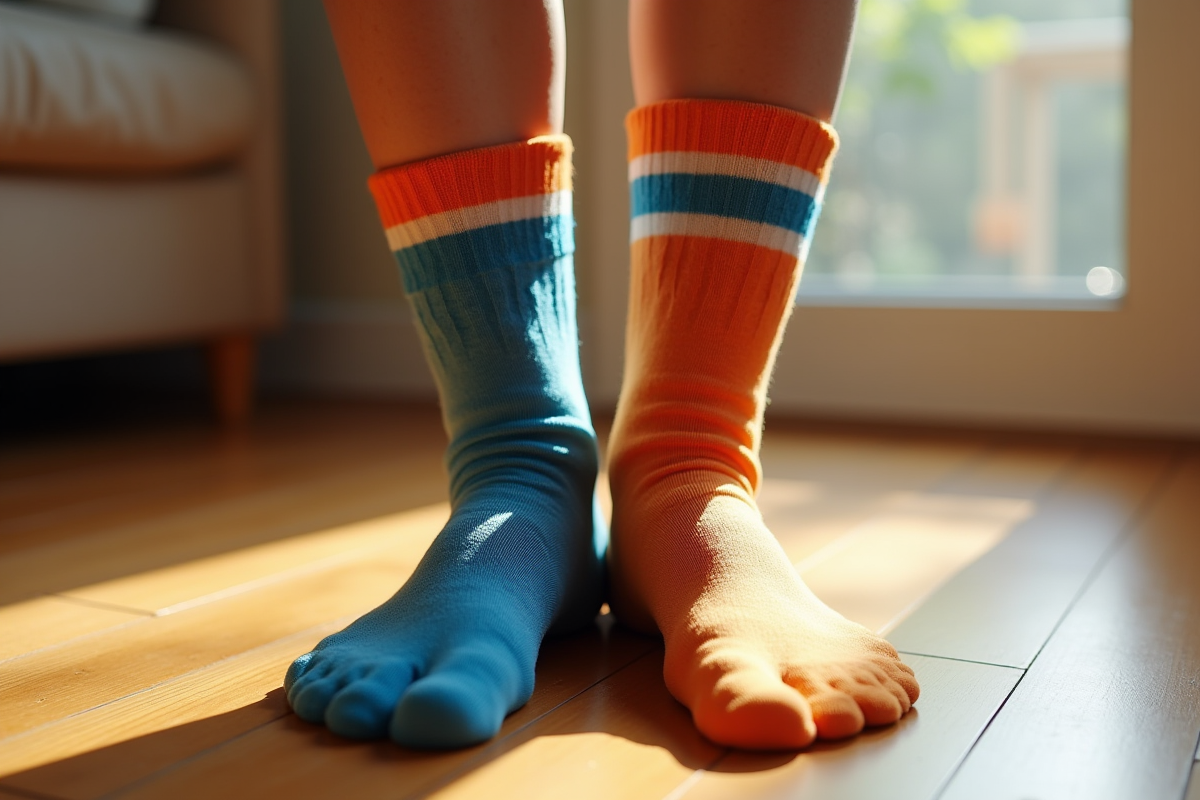 Paire de chaussettes colorées portées sur un pied