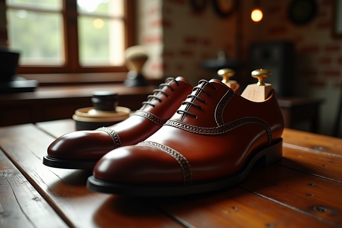 Chaussures en cuir italien élégantes sur une table en bois