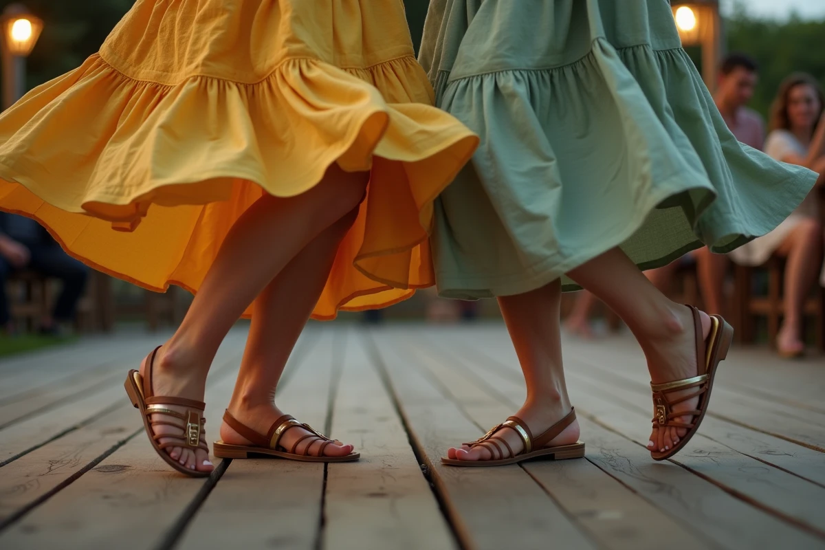 Deux femmes dansant à la guinguette, gros plan sur leurs chaussures plates en cuir sur un plancher en bois vieilli
