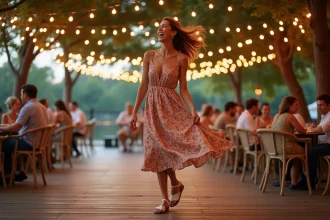 Femme en robe fleurie portant des sandales à talon bloc blanches sur une piste de danse en bois d'une guinguette en bord de rivière