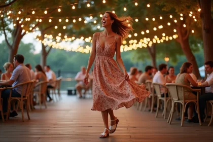 Femme en robe fleurie portant des sandales à talon bloc blanches sur une piste de danse en bois d'une guinguette en bord de rivière