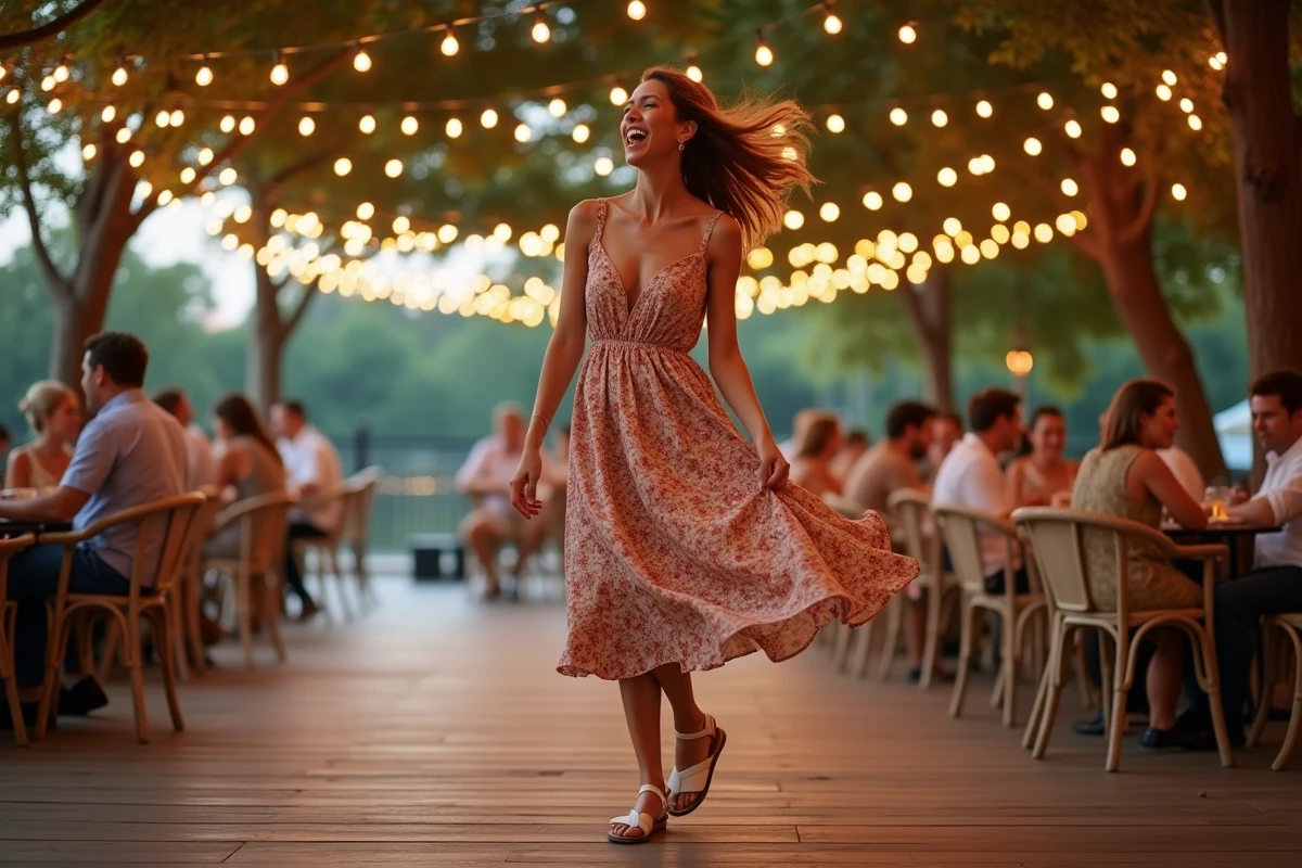 Femme en robe fleurie portant des sandales à talon bloc blanches sur une piste de danse en bois d'une guinguette en bord de rivière