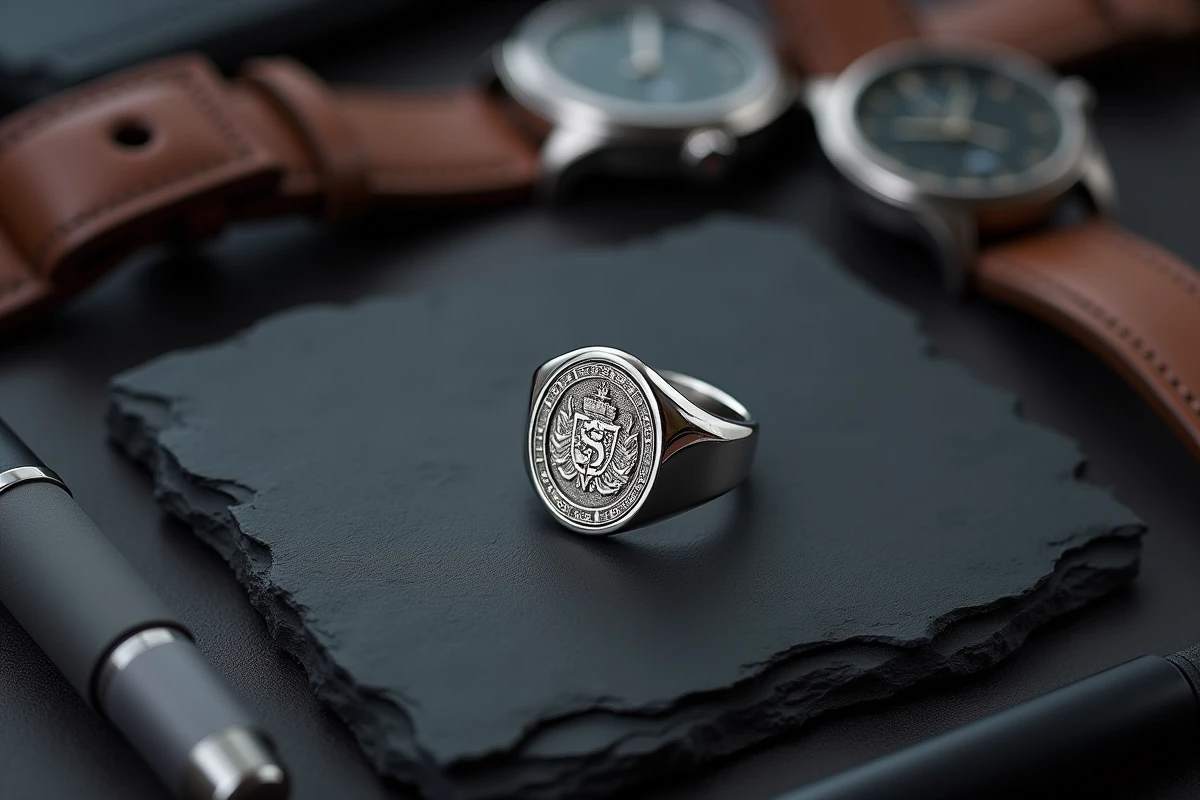 Chevalière en argent massif pour homme présentée en flat lay avec des accessoires masculins sur ardoise, style éditorial