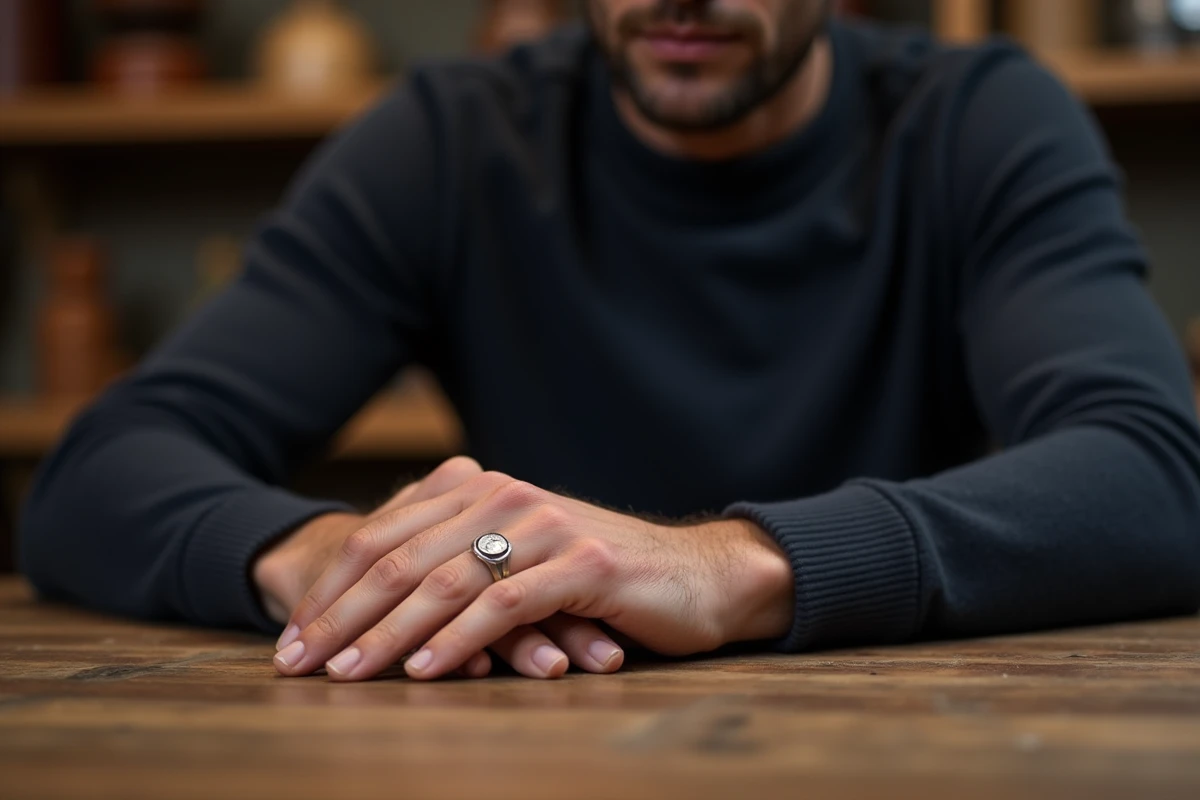 Homme portant une chevalière en argent massif sur la main dans un atelier artisanal, ambiance masculine et raffinée