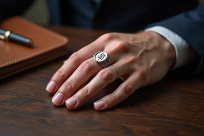Chevalière personnalisée homme en argent avec monogramme gravé portée à l'index sur une main masculine posée sur un bureau en chêne