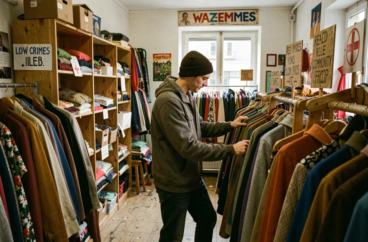 Un jeune homme fouillant les portants de vêtements dans la friperie associative Chez Henry de la Croix-Rouge à Wazemmes, Lille