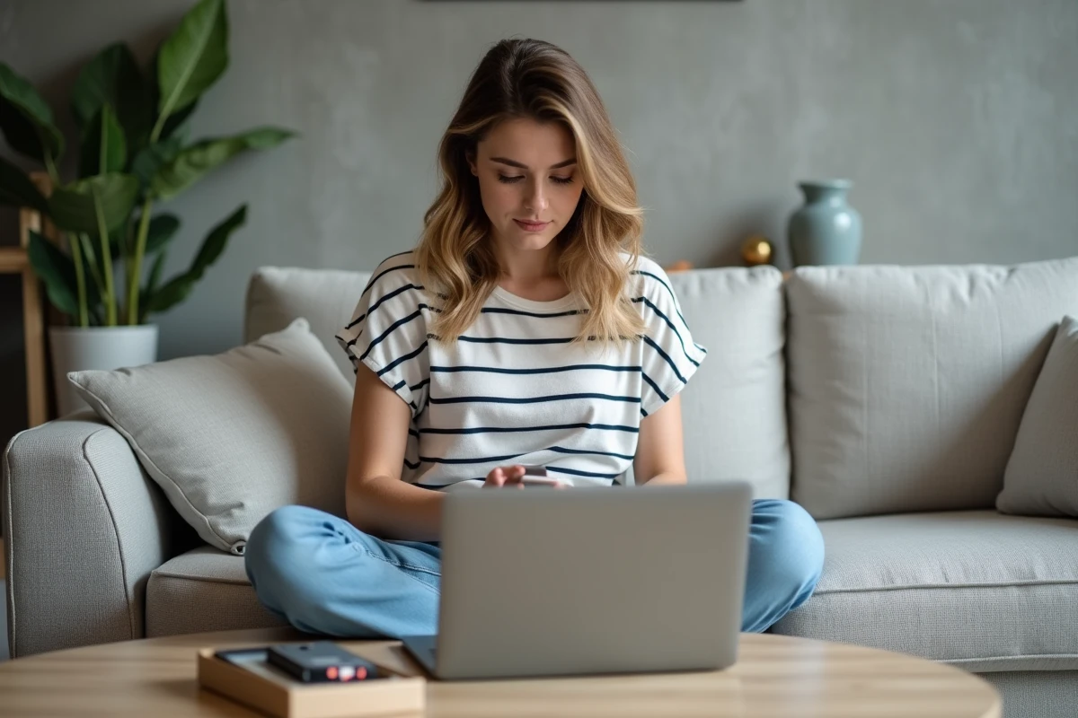 Femme assise sur un canapé consultant son ordinateur pour choisir une coque téléphone originale avec des emballages ouverts sur la table basse