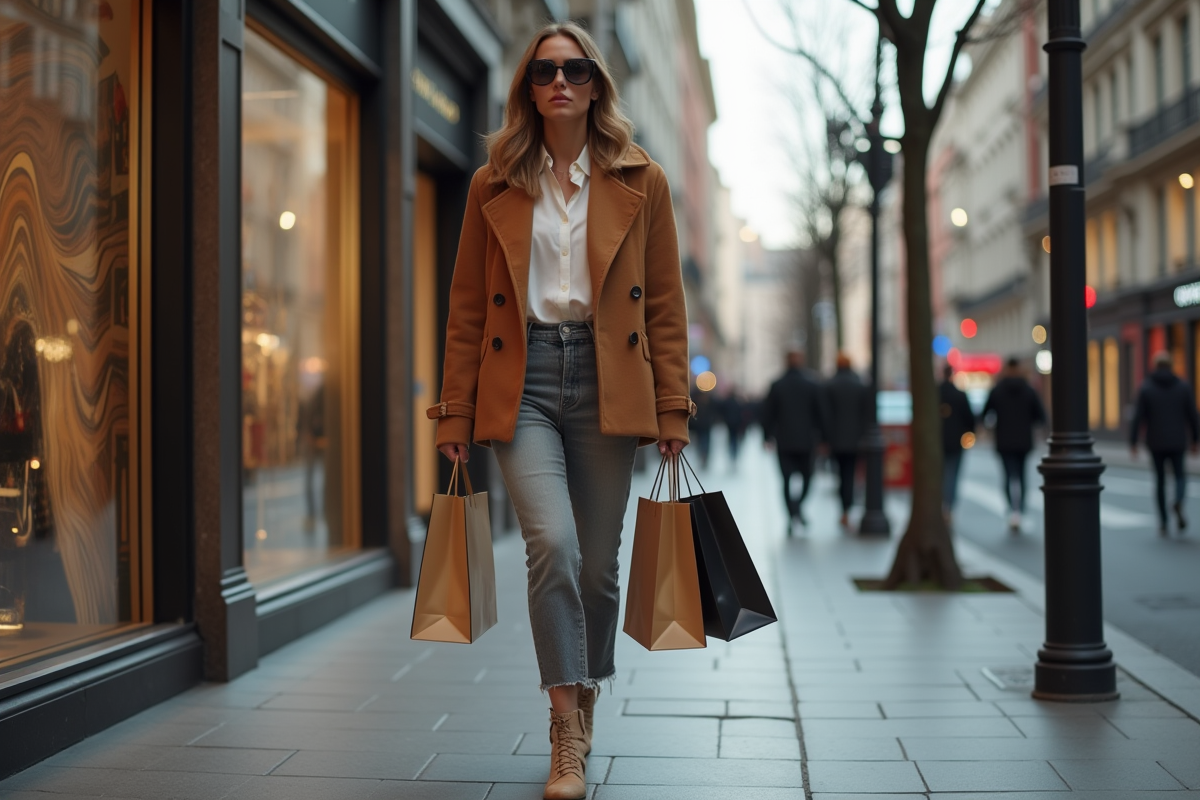 Célébrité marchant dans la ville avec sacs de marques célèbres