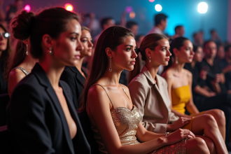 Célébrités assises en première rangée lors d'un défilé de mode glamour