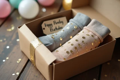 Coffret cadeau anniversaire ouvert contenant des chaussettes à paillettes dorées et argentées sur une table en bois rustique avec décorations pastel