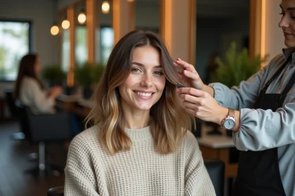 Femme souriante dans un salon de coiffure moderne