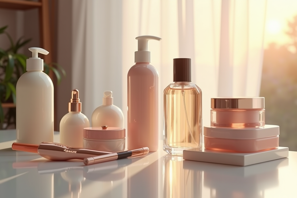 Coiffeuse avec produits de soin et maquillage dans un espace organisé