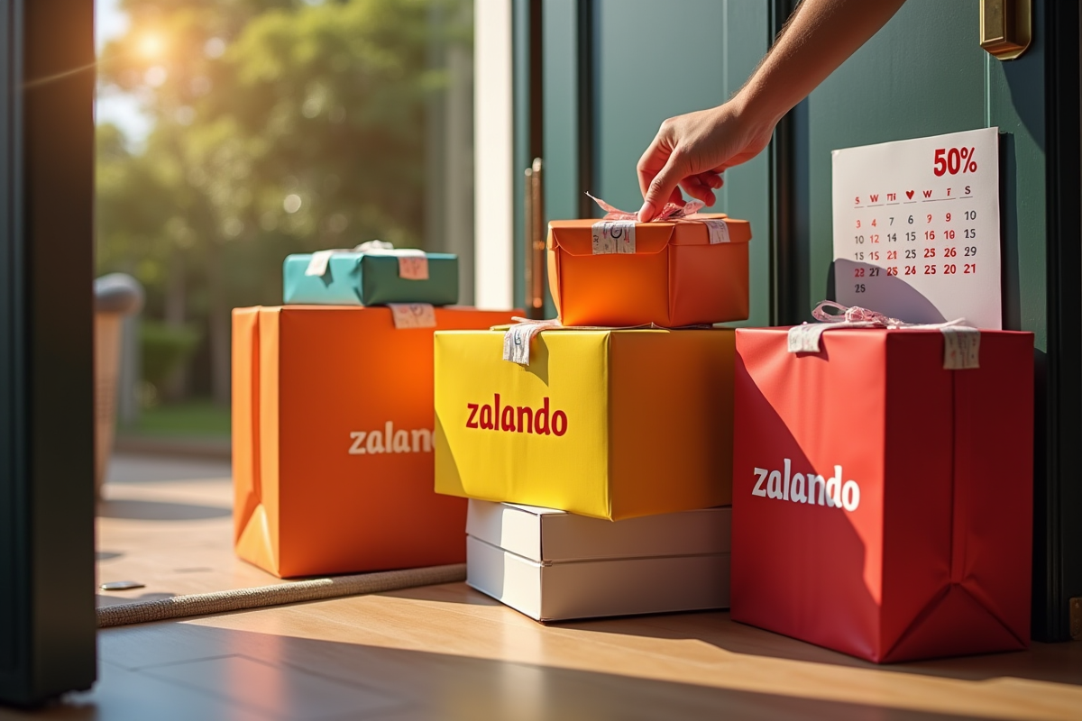 Paquets Zalando devant une porte avec calendrier des soldes en arrière-plan