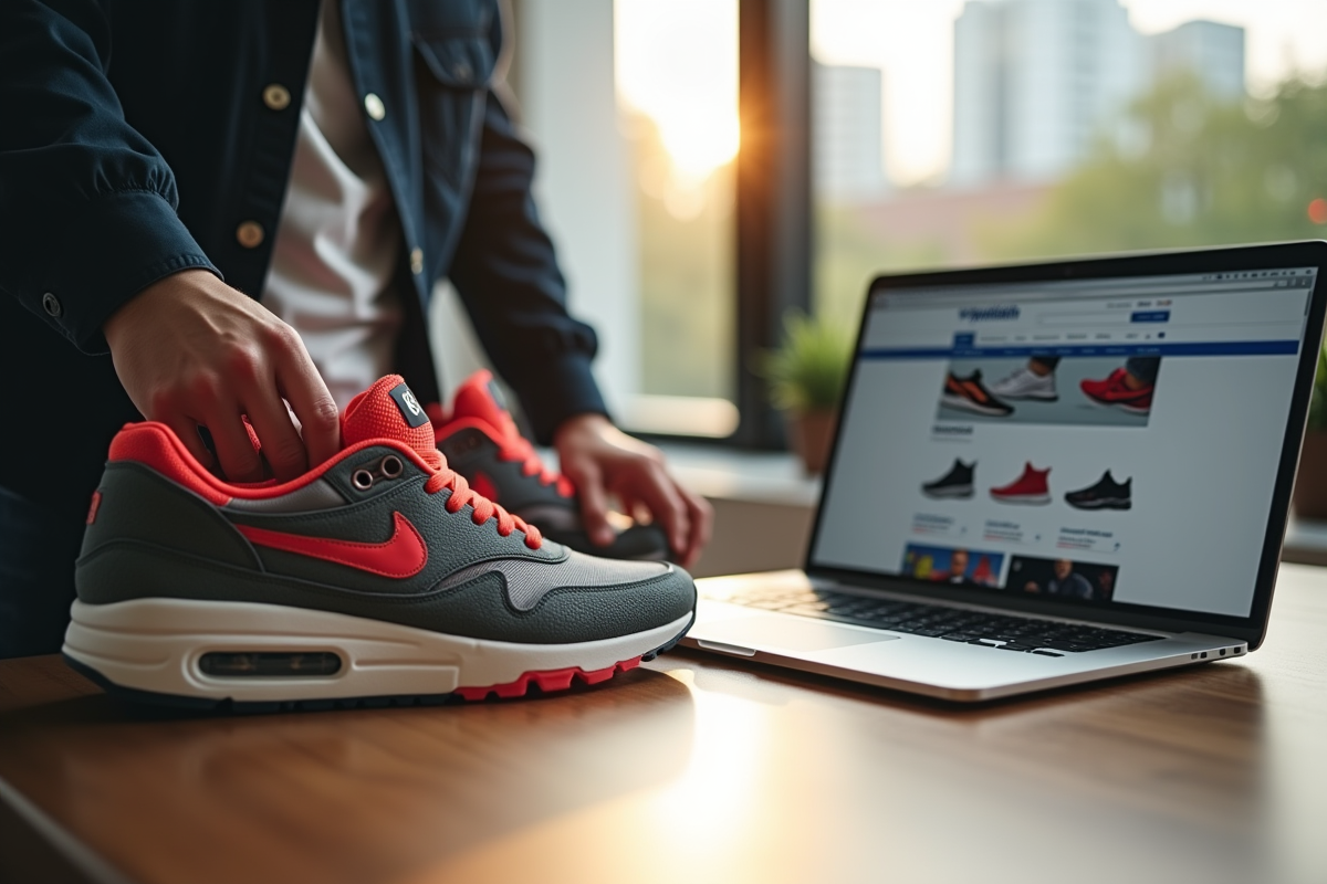 Collectionneur de baskets inspectant des sneakers colorées neuves
