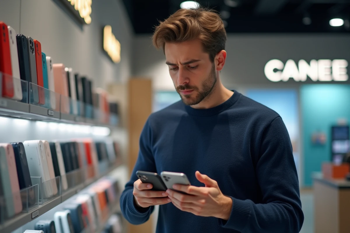 Homme hésitant dans un magasin d'électronique comparant deux coques téléphone originales dans un rayon de protection smartphone